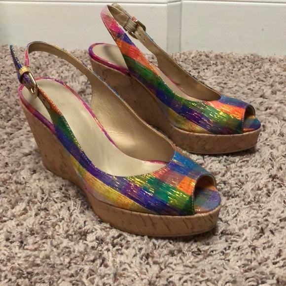 Stuart Weitzman Shoes - Stuart Weitzman plaid metallic jean sandal wedge